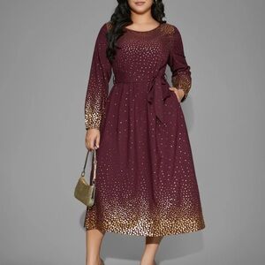 NWT Glitter Round Neck Belted Lantern Sleeve Dress